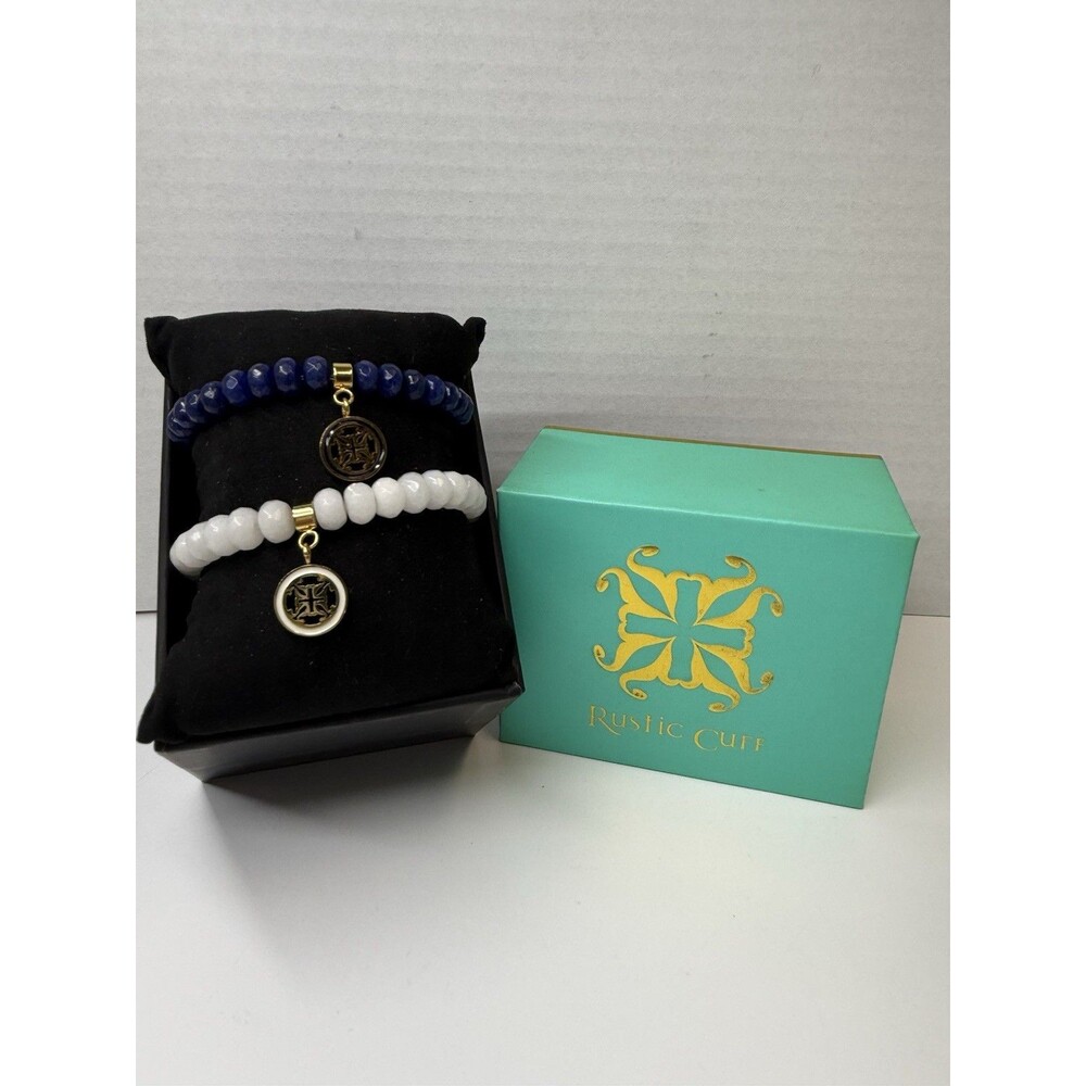 Rustic Cuff 2 Piece Blue & White Natural Stone Beaded Charm Bracelet Set New